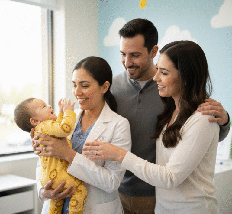 An image of happy family with doctor at B.R Memorial Hospital.